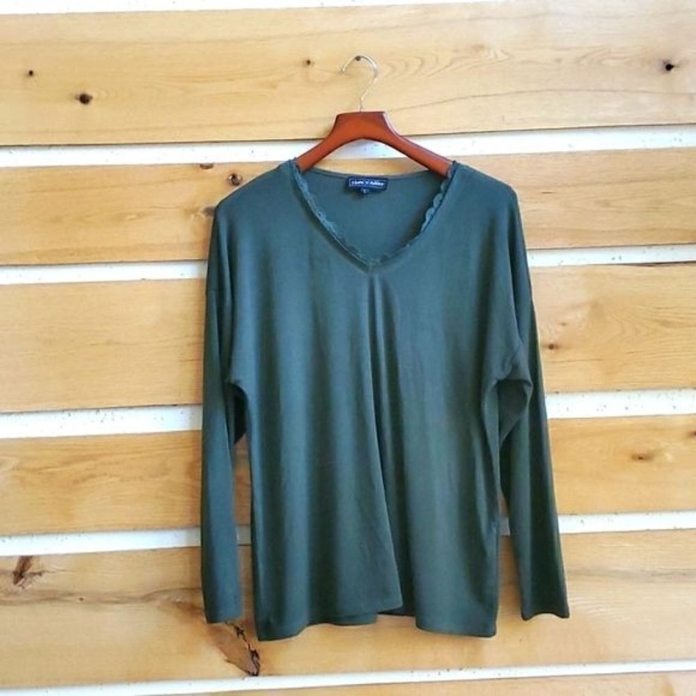 Flora Ashley Khaki Green V-neck Lace‎ Embellished Long Sleeve Sz. L Top
